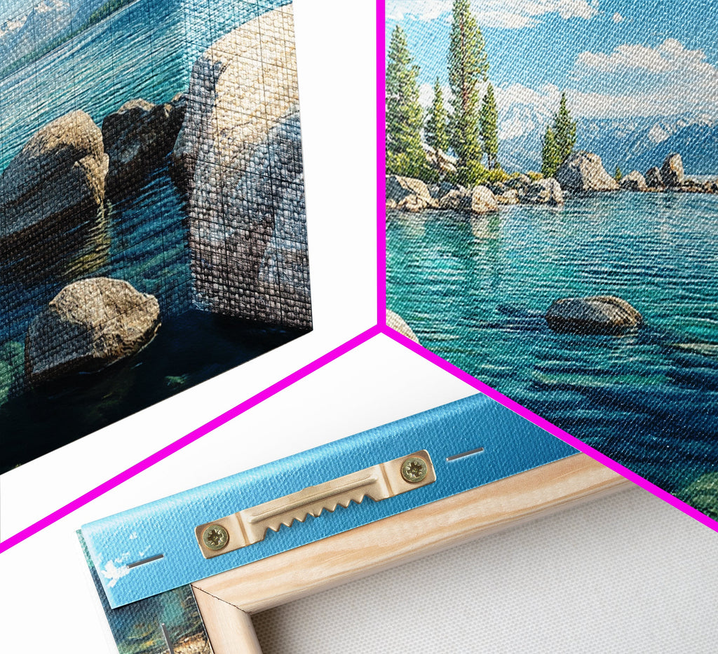 Lake Tahoe Landscape Canvas Print Rustic Wall Art Coastal Nature Scene Above Bed Artwork Living Room Decor Panoramic Painting