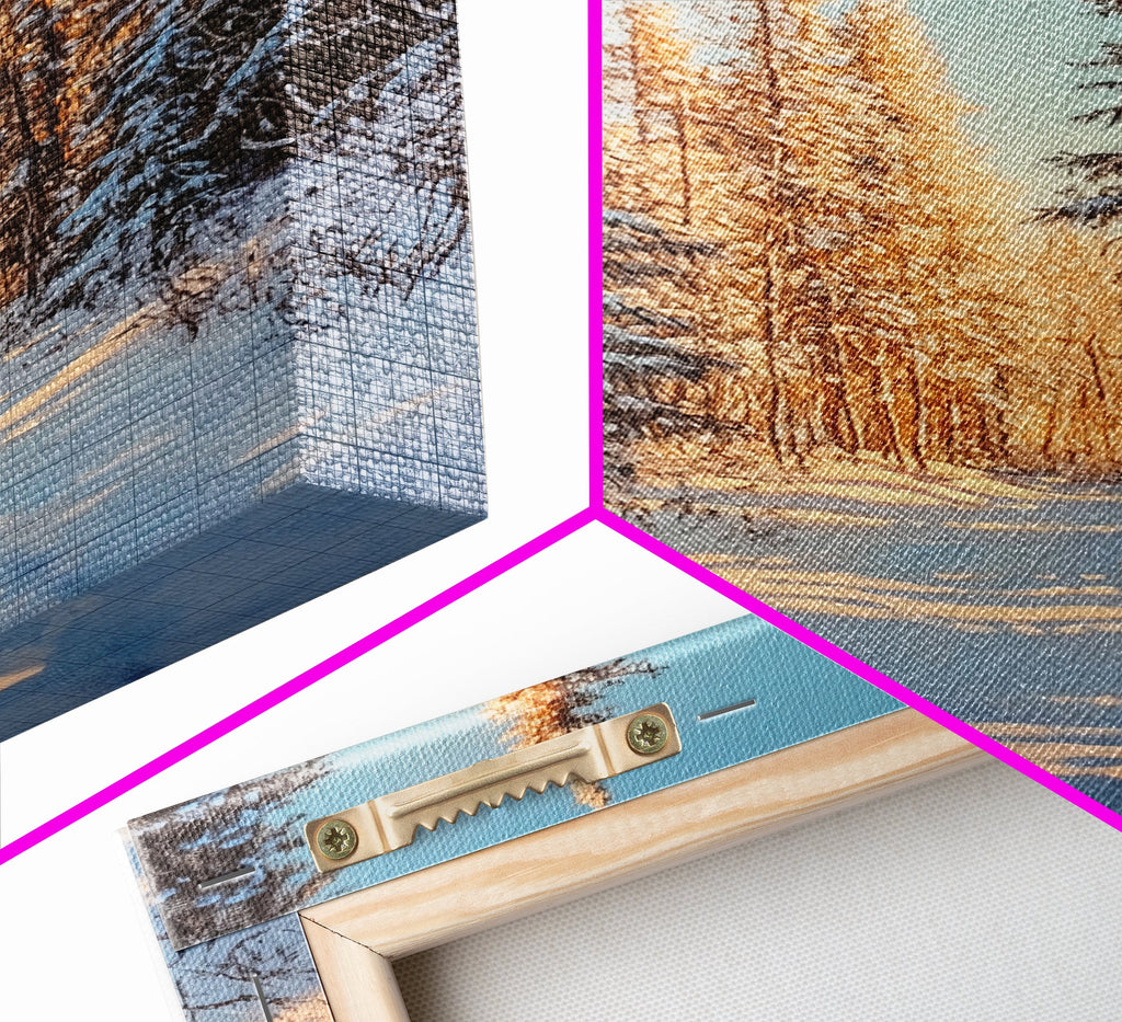 Winter Wonderland Framed Canvas Print, Snowy Forest Landscape Painting with Pine Tree Art, Cozy Rustic Wall Decor