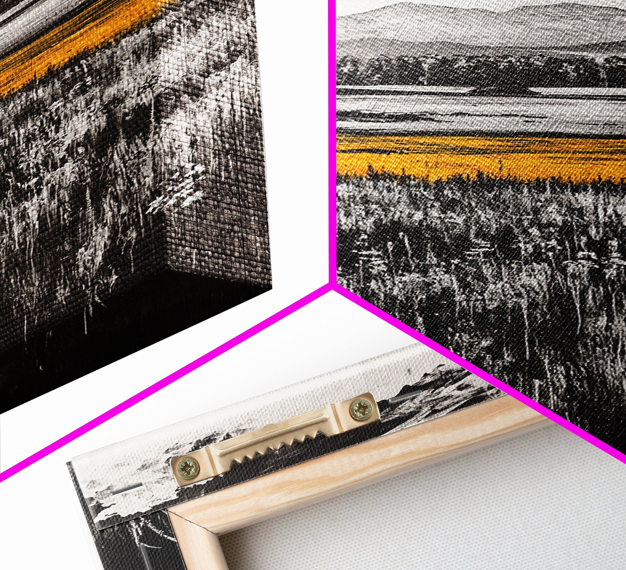 Golden Meadow, Black and White Landscape with Yellow Accents, Minimalist Nature Wall Art, Framed Canvas Print, Living Room or Office Decor