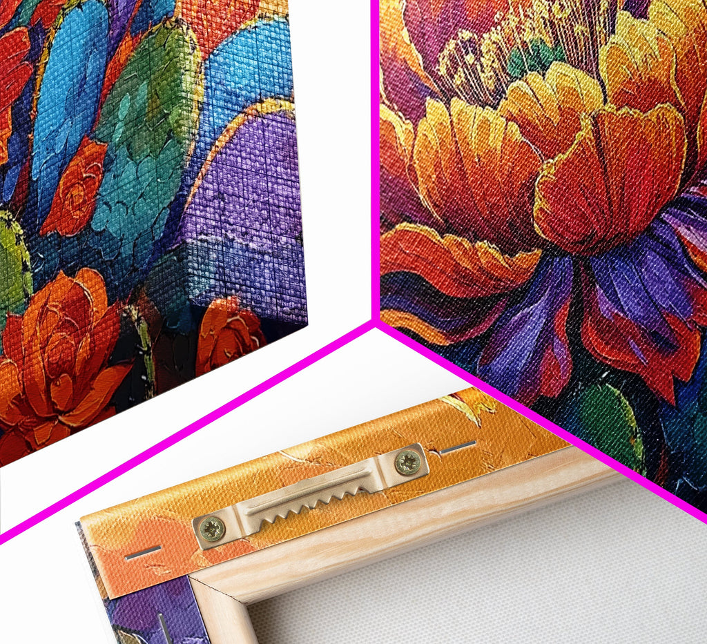 Cactus Bloom, Bold, Flowers, Blooming Cactus Flower Framed Canvas Print, Colorful Botanical Wall Art, Kitchen Boho Decor, Desert Art