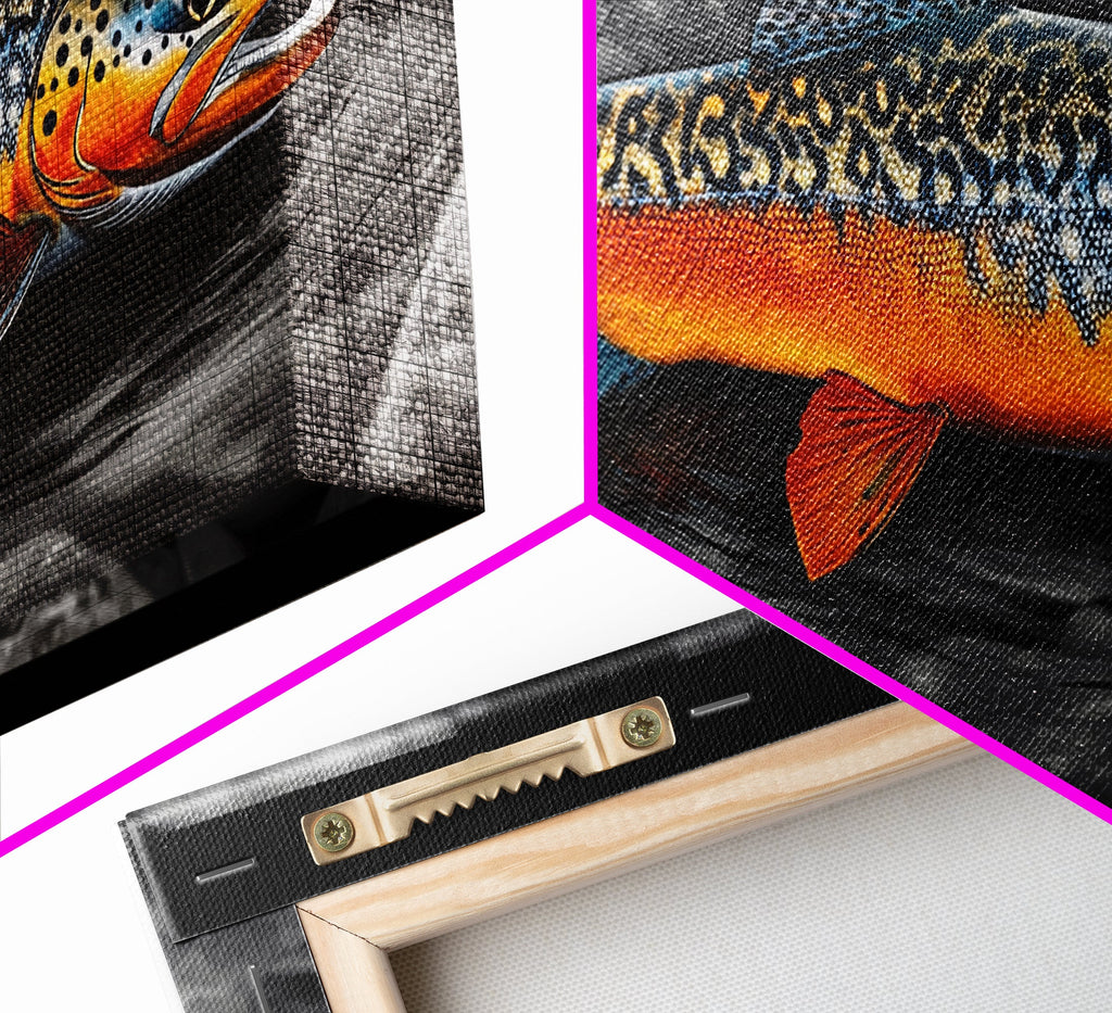 Rainbow Trout, Colorful Fish, Bold Patterns, River Stream – Framed Canvas Print, Fishing Wall Art, Cabin Decor, Rustic Wildlife