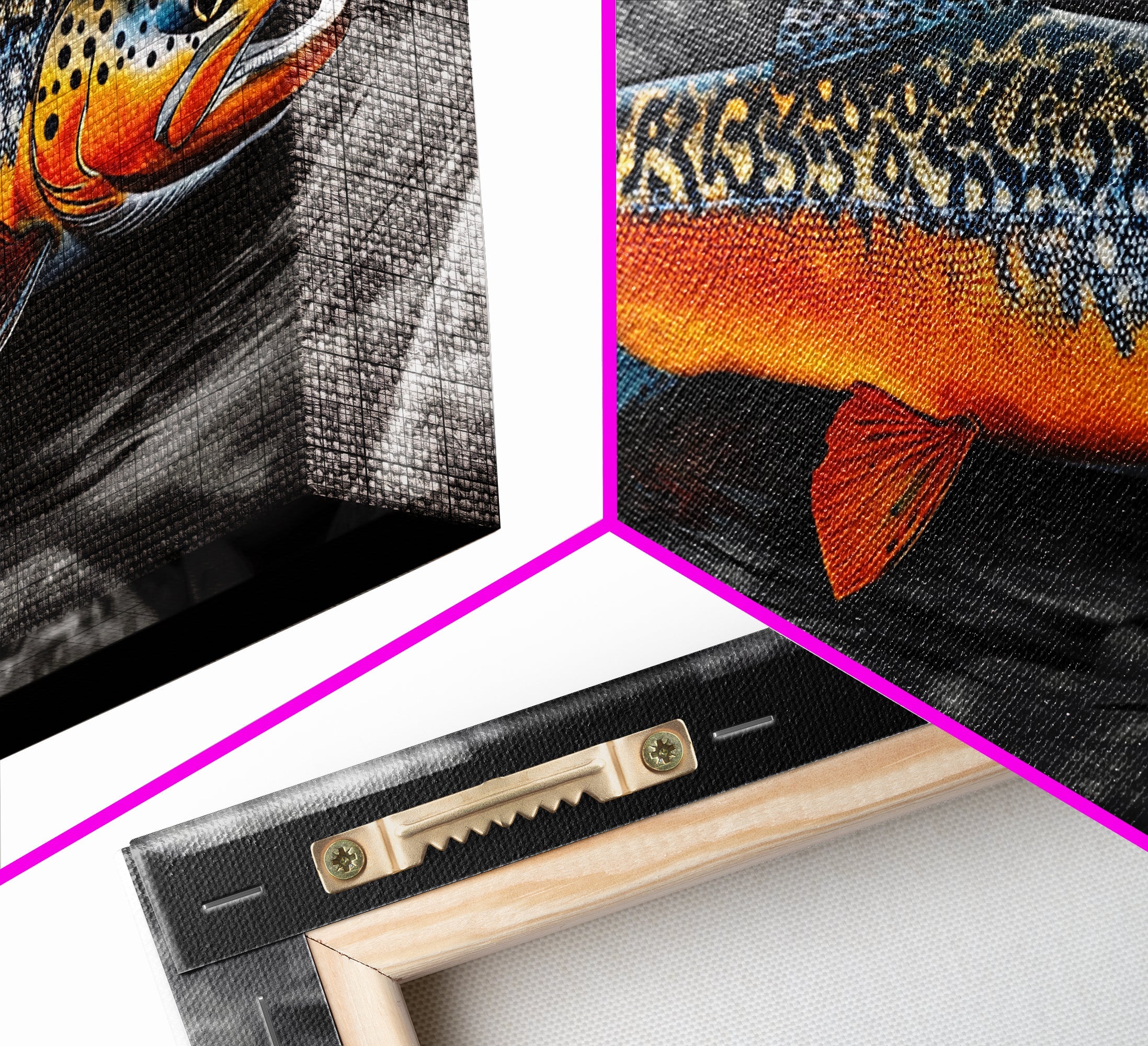 Rainbow Trout, Colorful Fish, Bold Patterns, River Stream – Framed Canvas Print, Fishing Wall Art, Cabin Decor, Rustic Wildlife