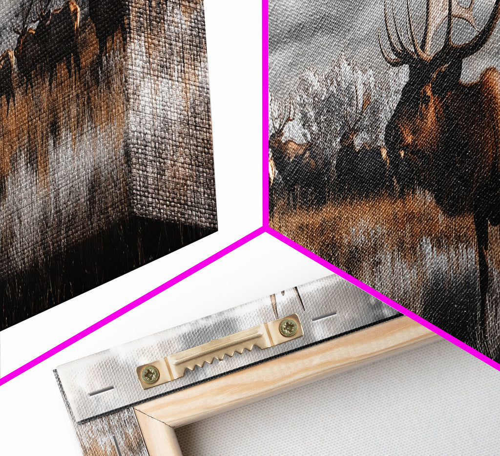 Elk Herd, Majestic Wildlife, Autumn Landscape, Framed Canvas Print, lodge decor, rustic mountain wall art, moody nature canvas