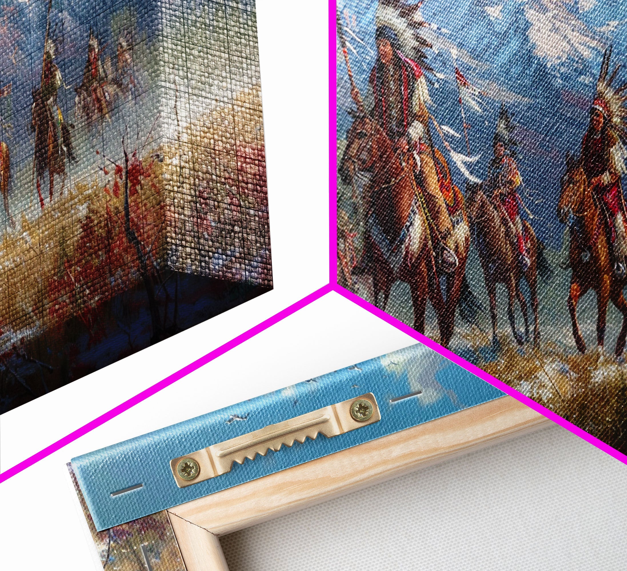 Native American Warriors Riding Through Snow-Capped Mountains, Ideal Wall Art, Framed Canvas Print Living Room Bedroom Decor, Historical Art