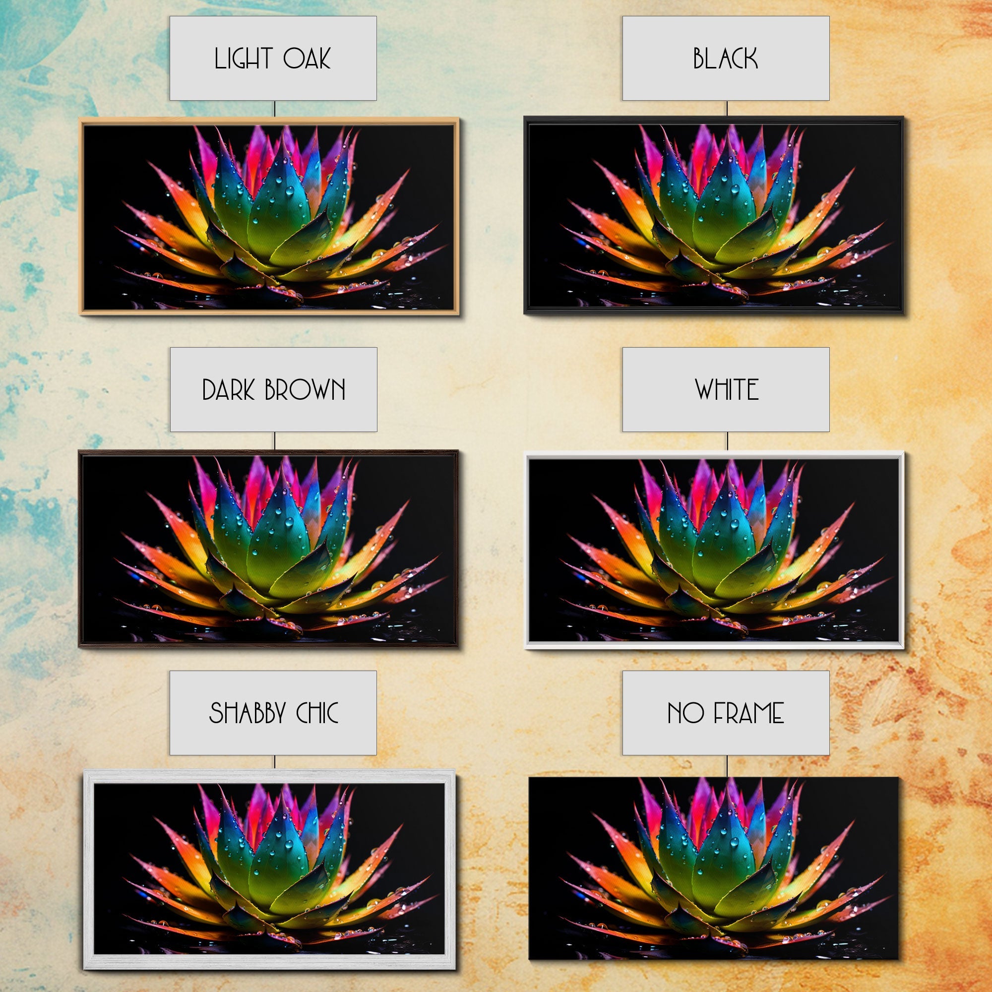 Rainbow Agave With Dew Drops, Modern Art, Framed Canvas Print,  Surreal Art, Southwestern Decor, Farmhouse Art, Desert Themed Art