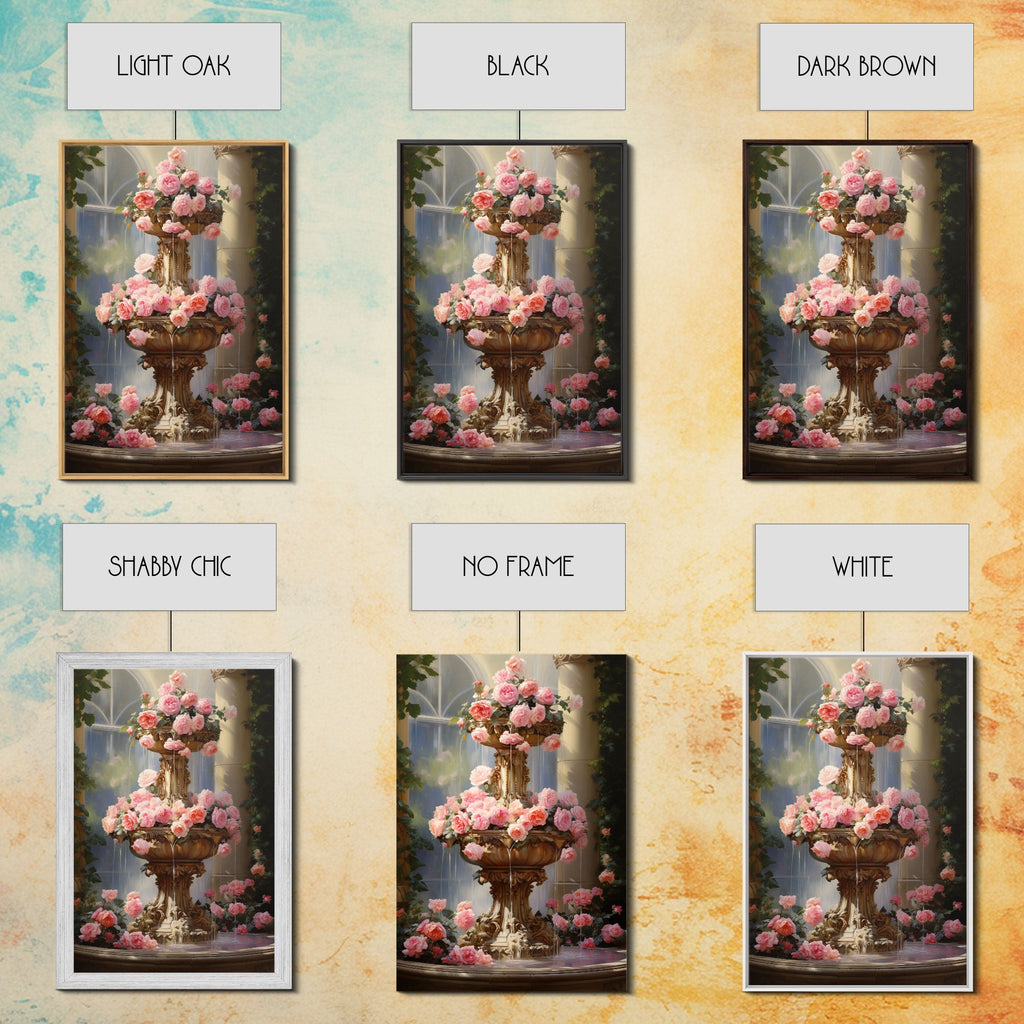Fountain Wall Print, Pink Roses Wall Art, Flower Art Print, Canvas Print, Wall Art, Vertical Print, Botanical Art, Country Home Decor