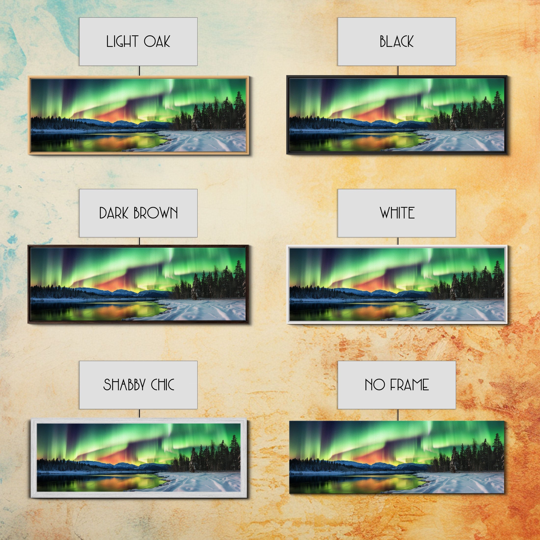 Aurora Borealis, Northern Lights Panoramic Framed Canvas Print, Beautiful Winter Wonderland Landscape Painting