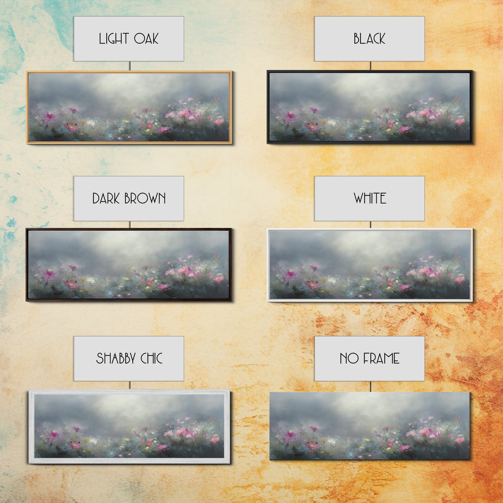 Moody Wild Flowers Under a Cloudy Sky, Panoramic Framed Canvas Print, Nature Decor, Boho Floral Wall Art, Flower Painting Gift For Her
