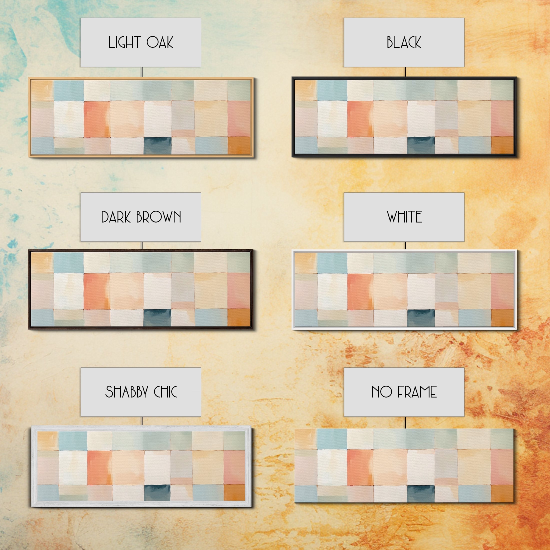 MCM Style Abstract Square, Framed Canvas Print, Mid-Century Modern Wall Art, Pastel Colors, Large Horizontal Wall Art Print