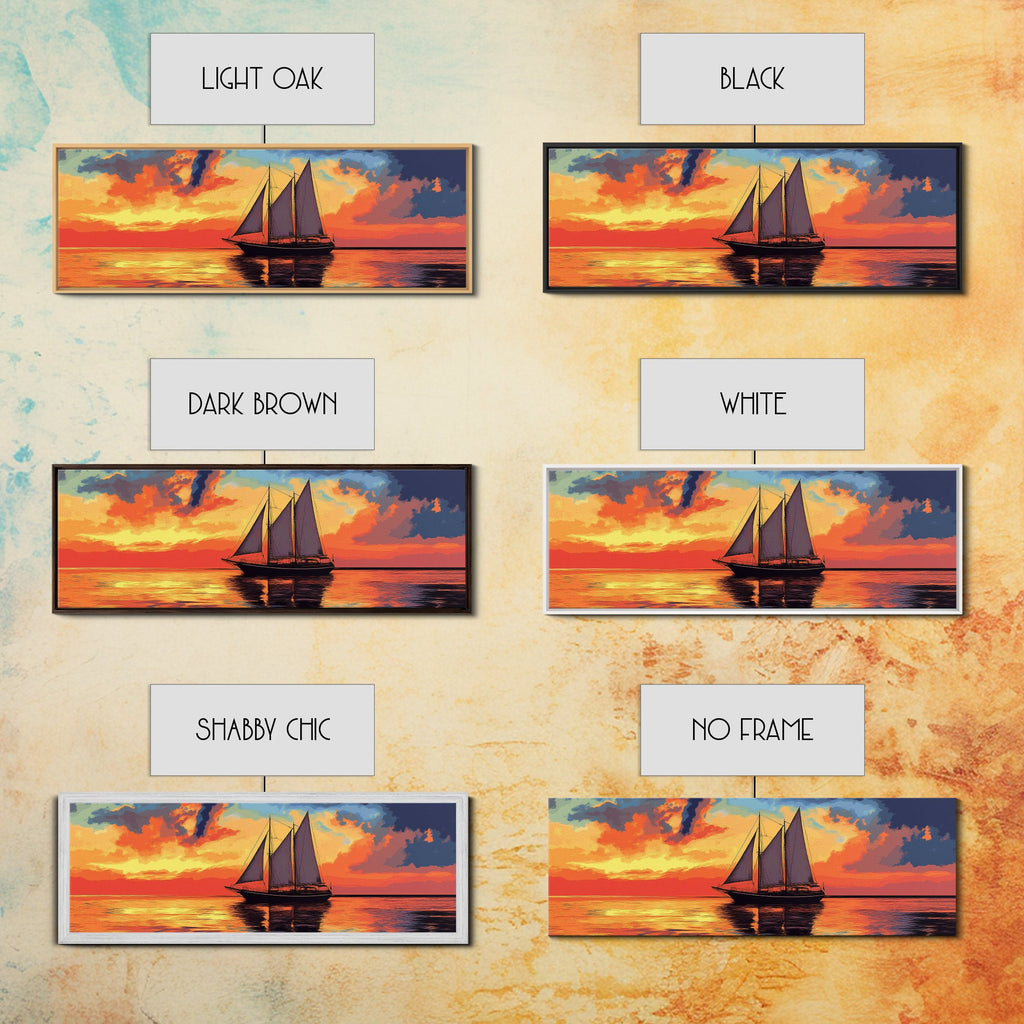 Pirate Ship at Sunset Framed Canvas Print - Panoramic Wall Art - Sailboat Painting - Sail Boat Art - Nautical Decor - Lake House Art