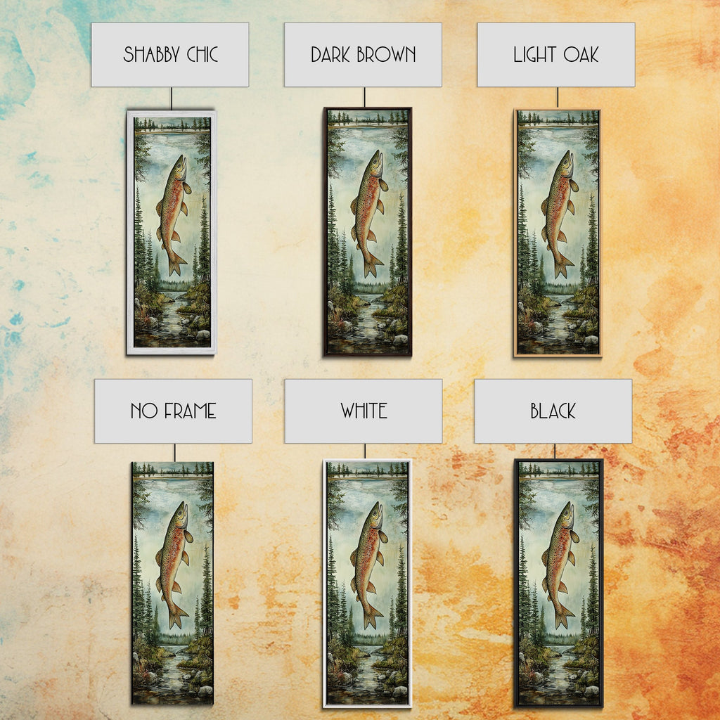 Trout In Mountain Scene Framed Canvas Print Rustic Landscape Art Fly Fishing Wall Art Skinny Wall Art Tall Vertical Decor