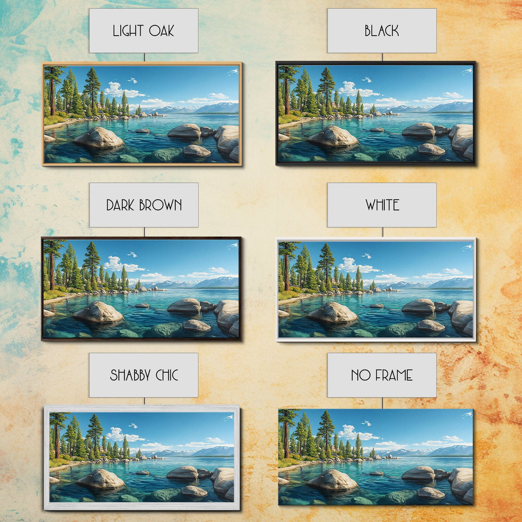 Lake Tahoe Landscape Canvas Print Rustic Wall Art Coastal Nature Scene Above Bed Artwork Living Room Decor Panoramic Painting