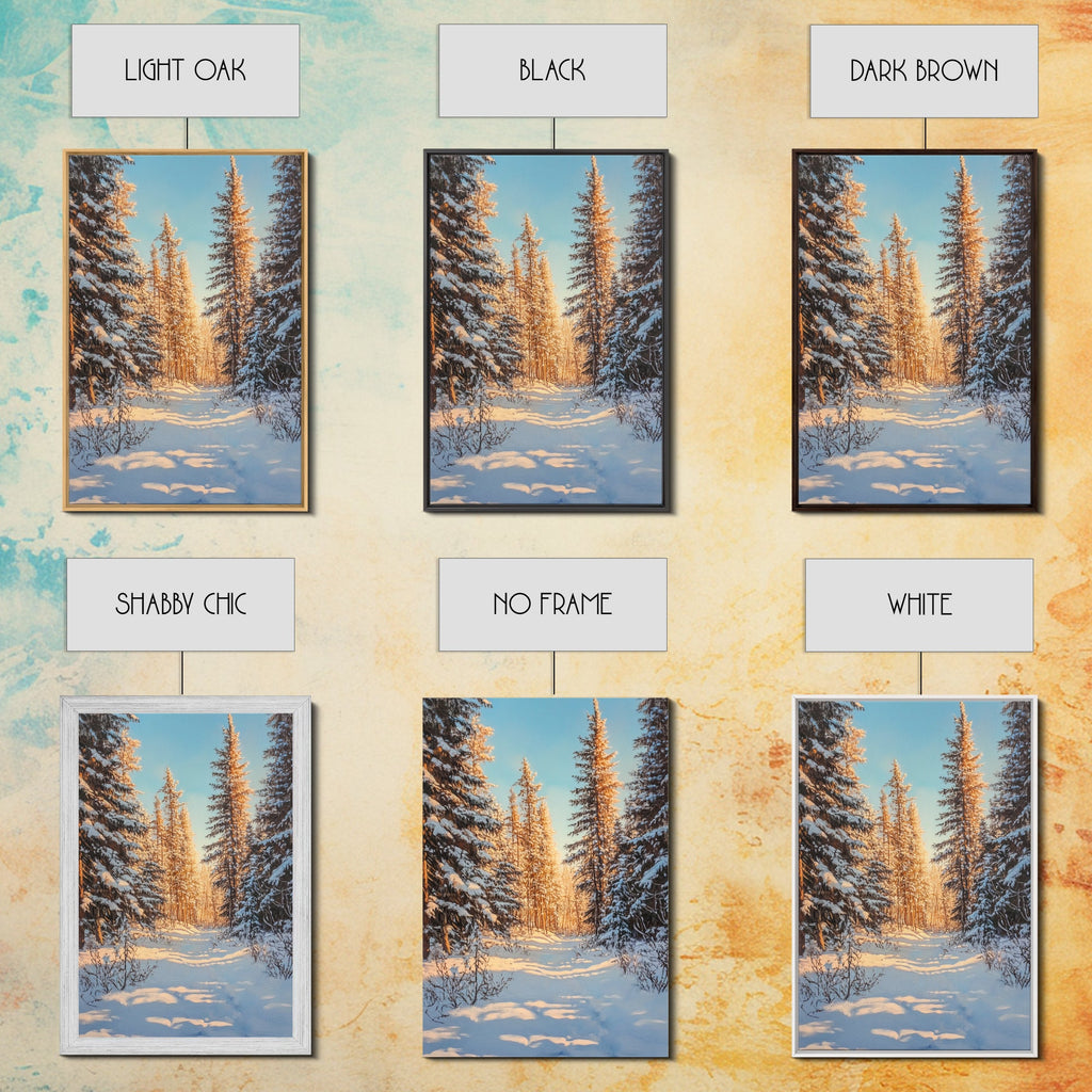Winter Wonderland Framed Canvas Print, Snowy Forest Landscape Painting with Pine Tree Art, Cozy Rustic Wall Decor