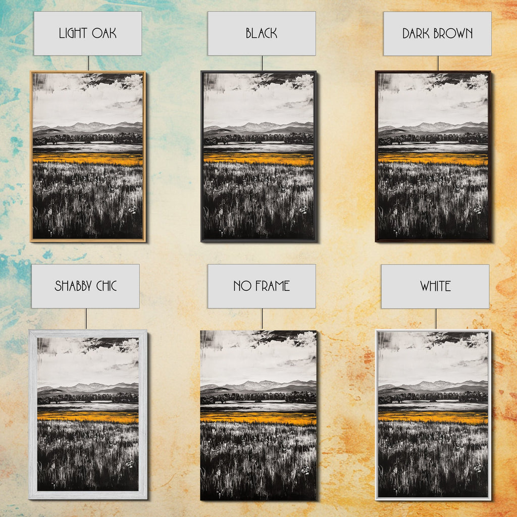 Golden Meadow, Black and White Landscape with Yellow Accents, Minimalist Nature Wall Art, Framed Canvas Print, Living Room or Office Decor