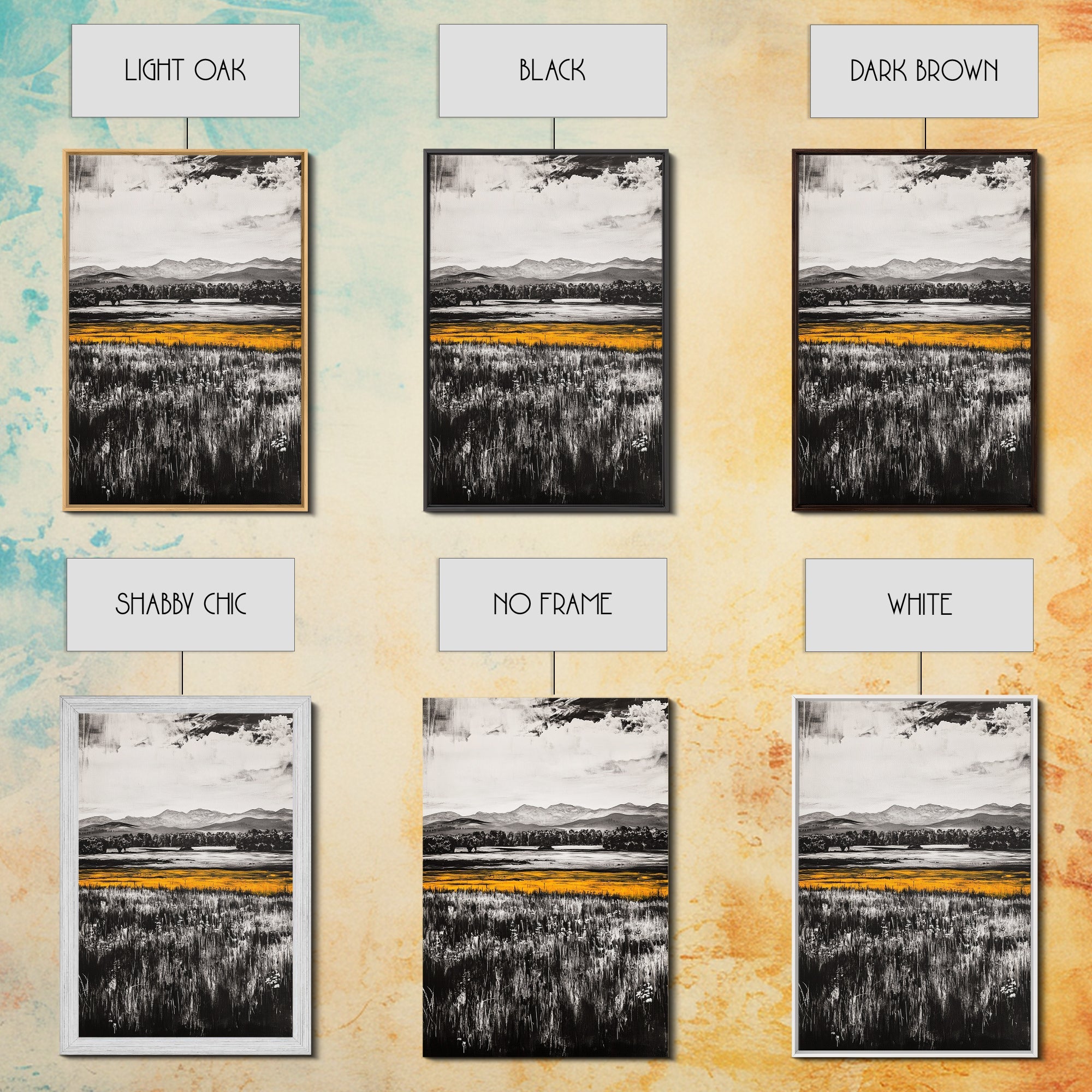 Golden Meadow, Black and White Landscape with Yellow Accents, Minimalist Nature Wall Art, Framed Canvas Print, Living Room or Office Decor