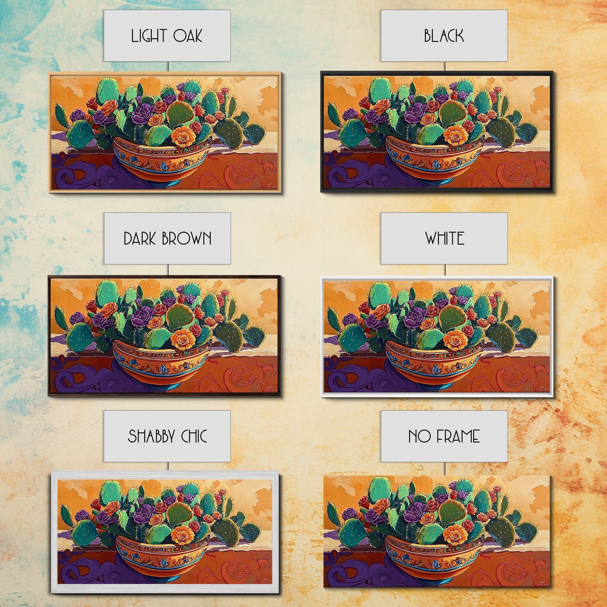 Cactus, Succulent, Pottery, Flowers, Canvas Print southwestern kitchen wall art, vibrant decor, colorful succulent painting