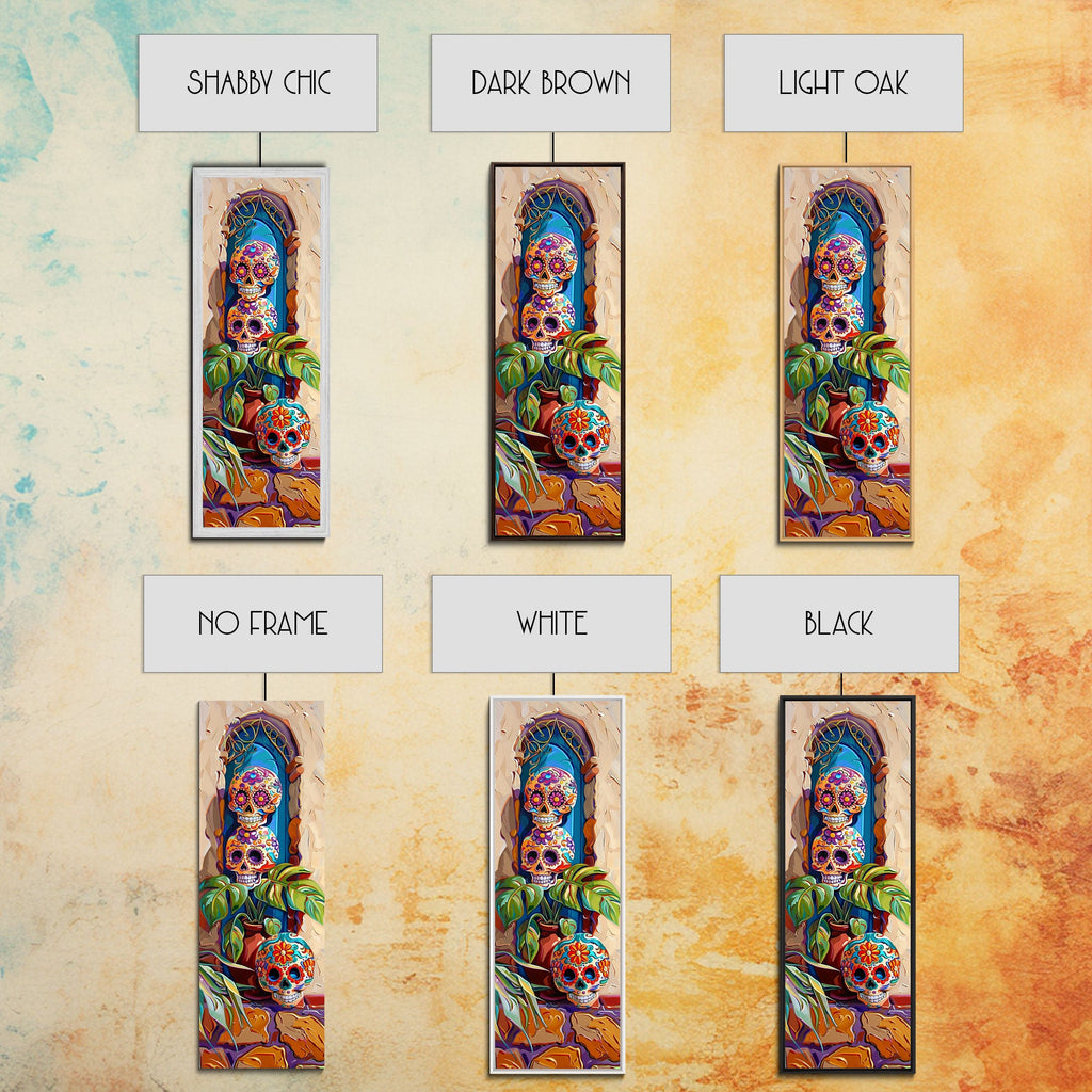 Day of The Dead Inspired Mexican Canvas Painting Framed, Long Narrow Wall Art Print, Spanish Style Home Decor, Contemporary Art Print