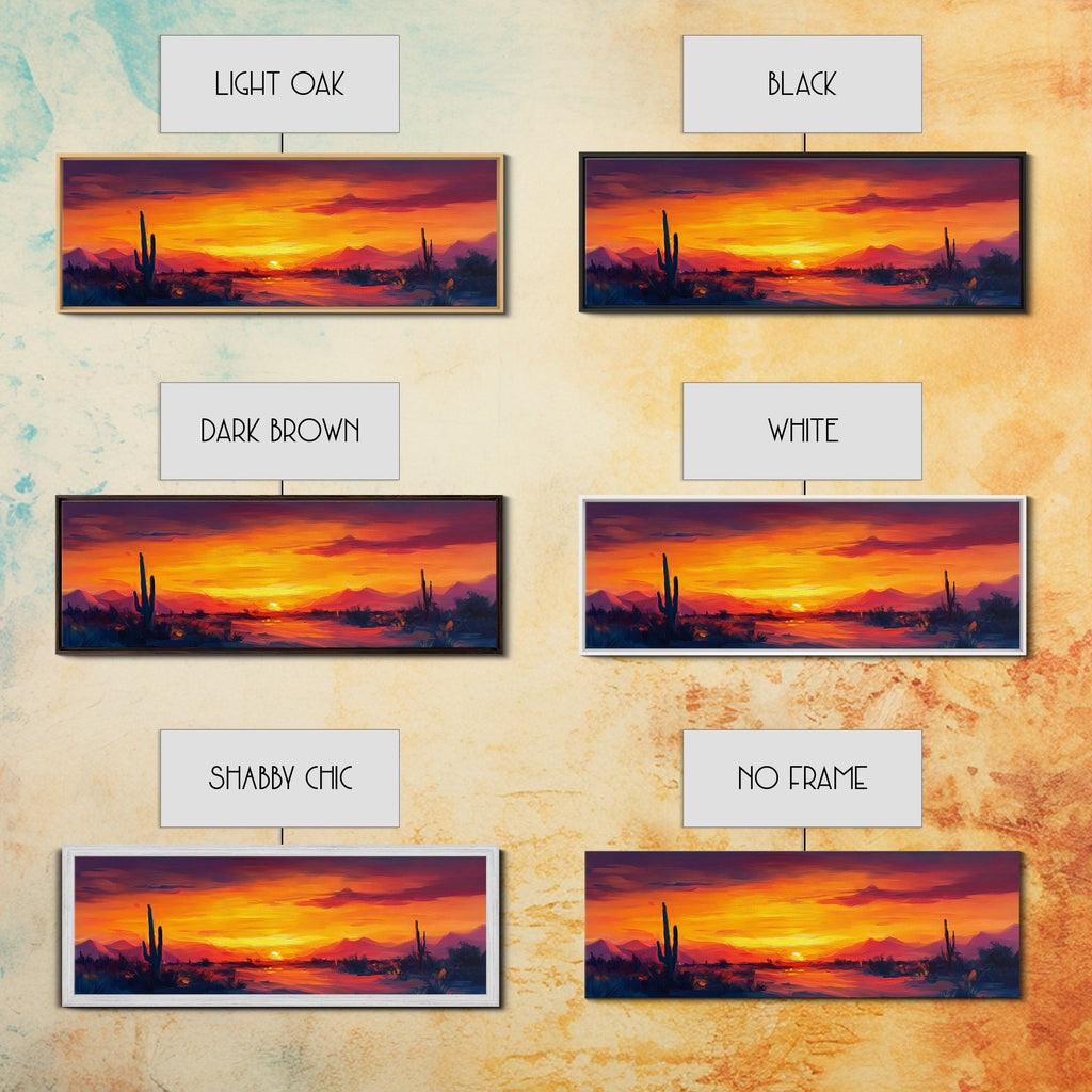 Sunset Cactus Art, southwest wall art, desert landscape painting, extra wide art, panoramic painting, framed canvas print, rustic decor, horizontal wall art