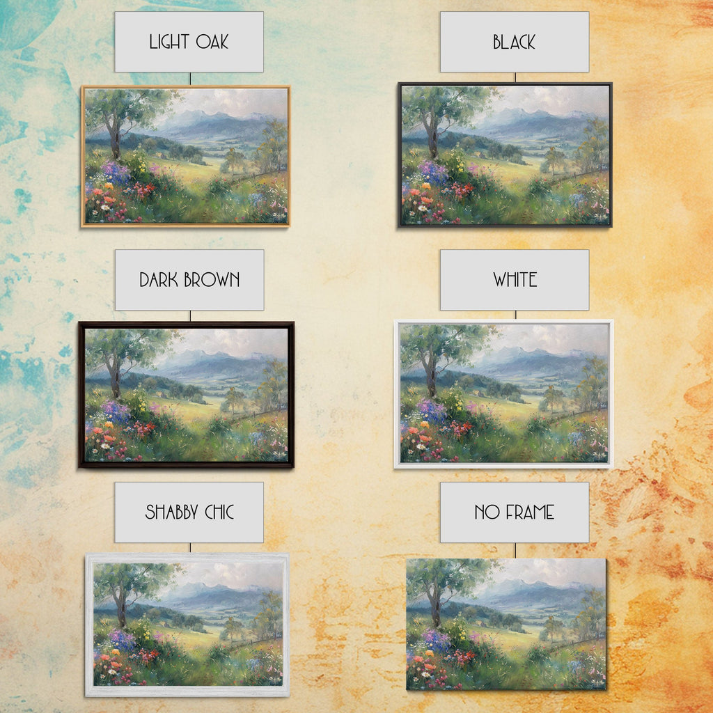 Spring Wildflower Field Landscape Painting Large Wall Art Print, Framed Canvas Nature Wall Decor, Rustic Country Landscape Living Room Art
