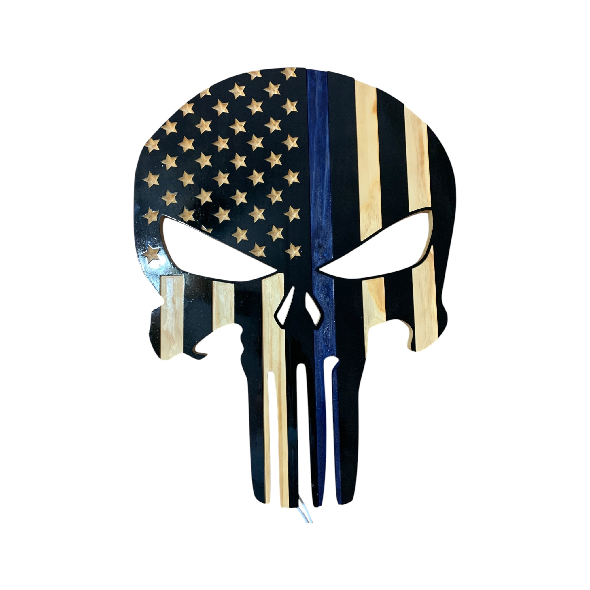 Wooden Thin Blue Line Skull Flag with LED Backlighting