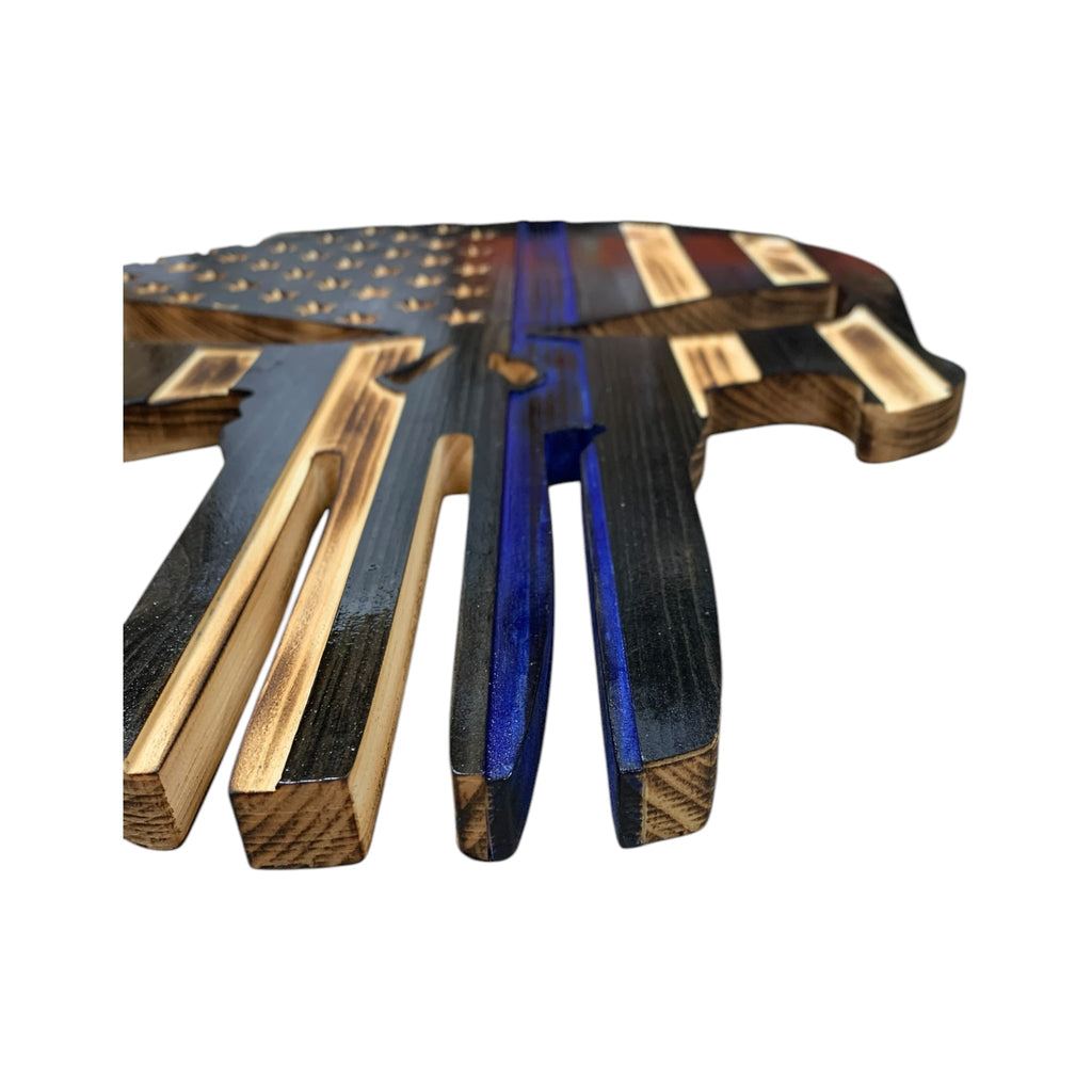 Wooden Thin Blue Line Skull Flag with LED Backlighting