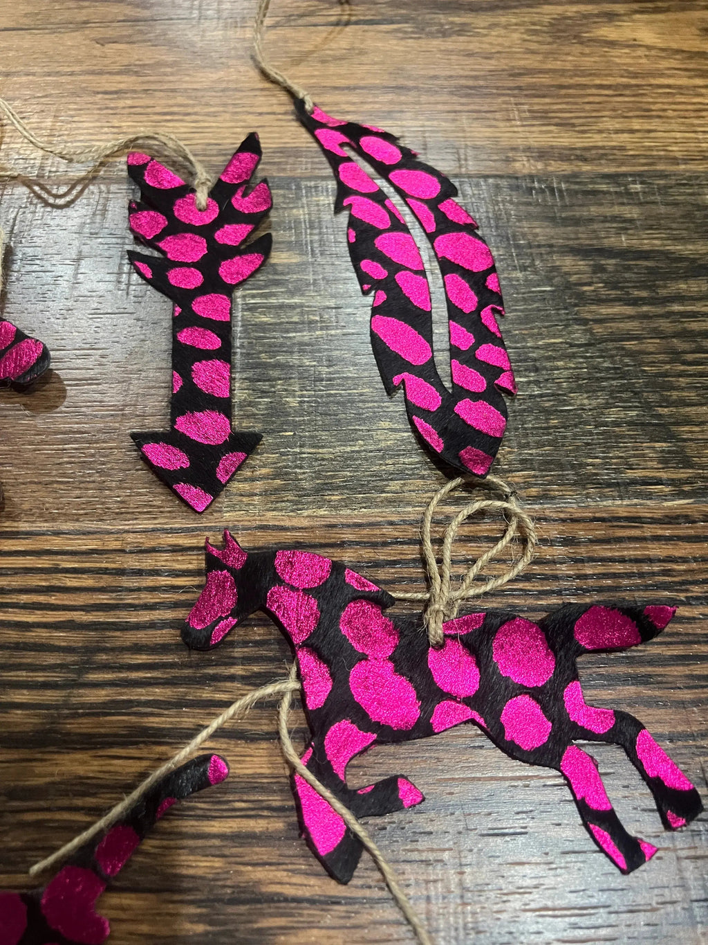 PINK SPOTTED Leather Cowhide Christmas Ornament - Sold Individually