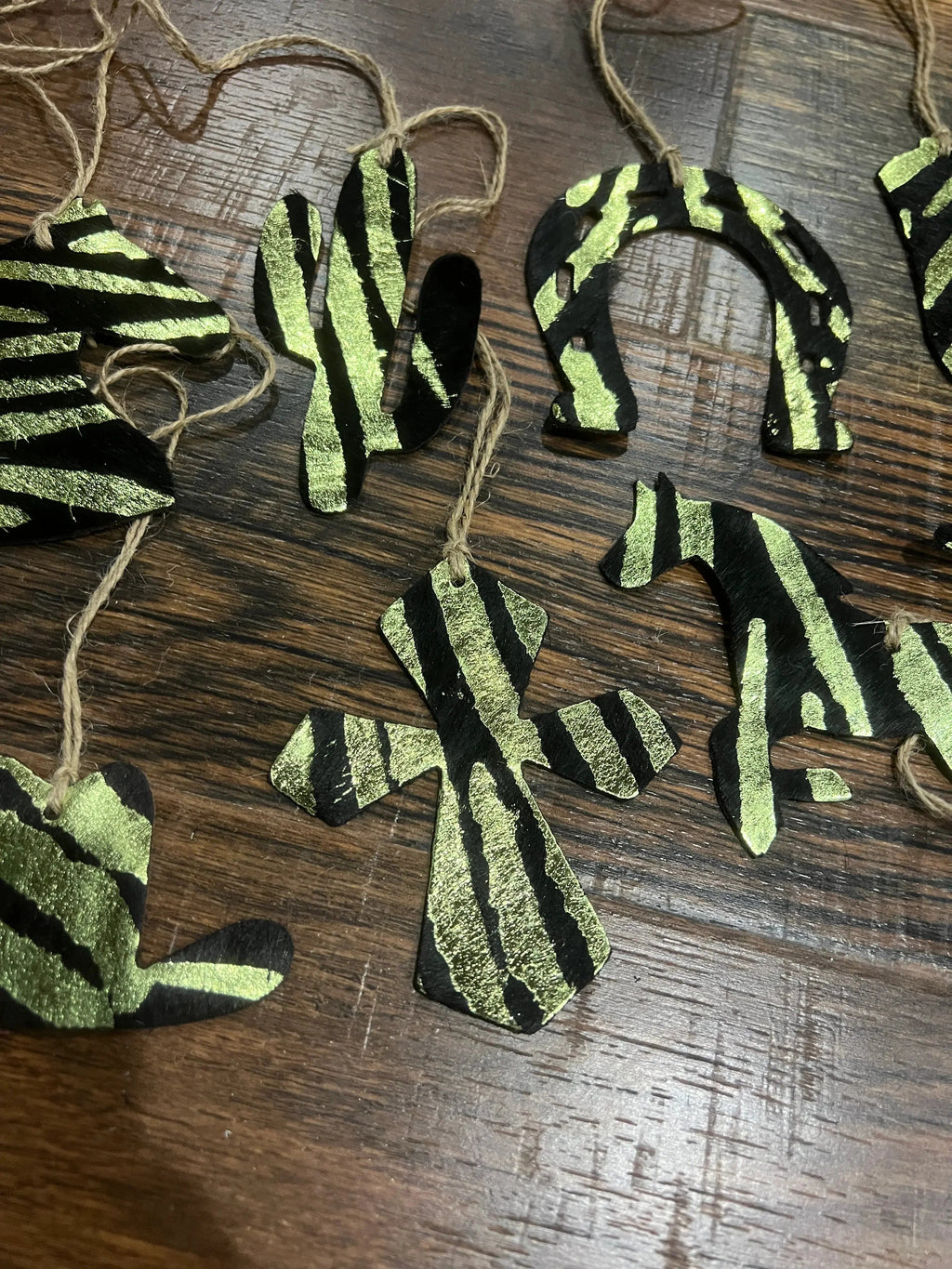 Green Zebra Leather Cowhide  Christmas Ornament - Sold Individually
