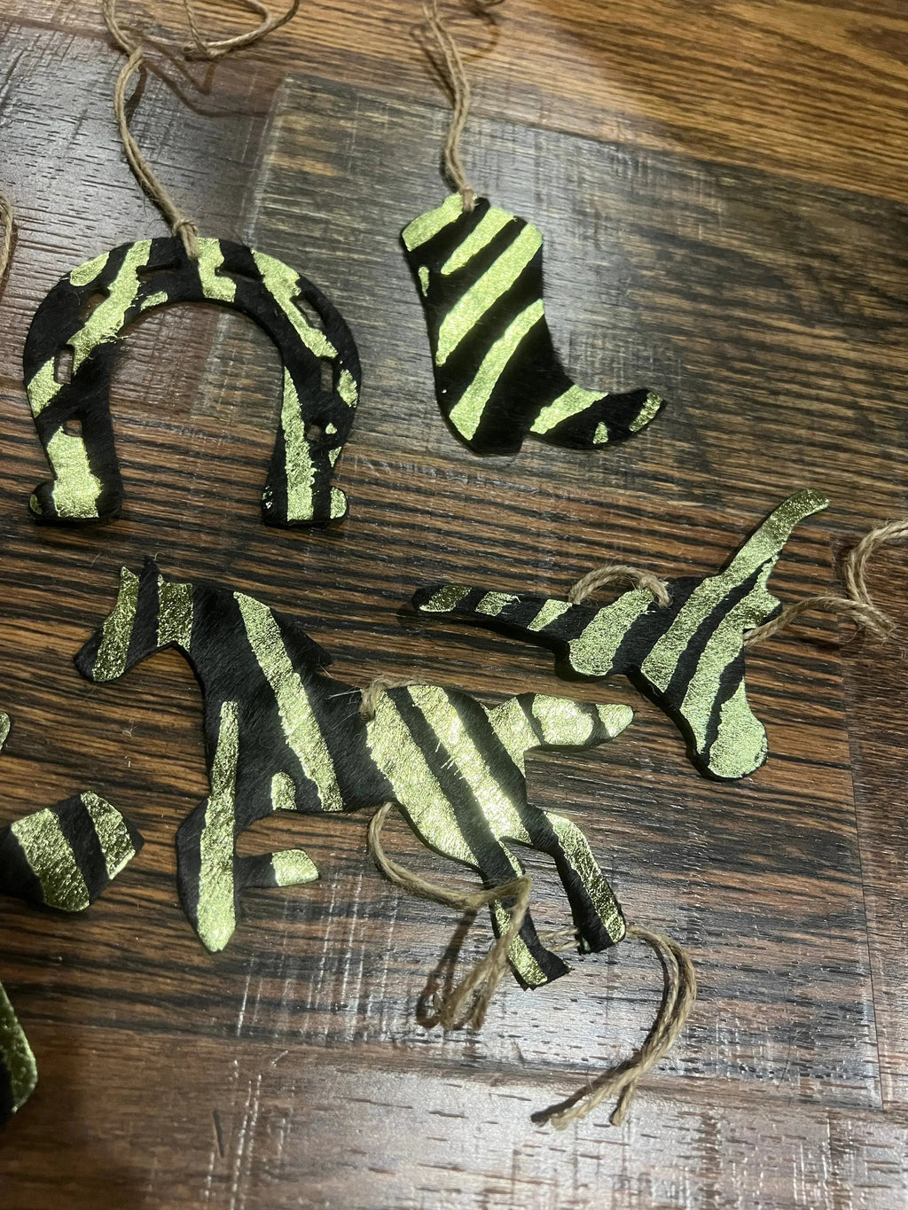 Green Zebra Leather Cowhide  Christmas Ornament - Sold Individually