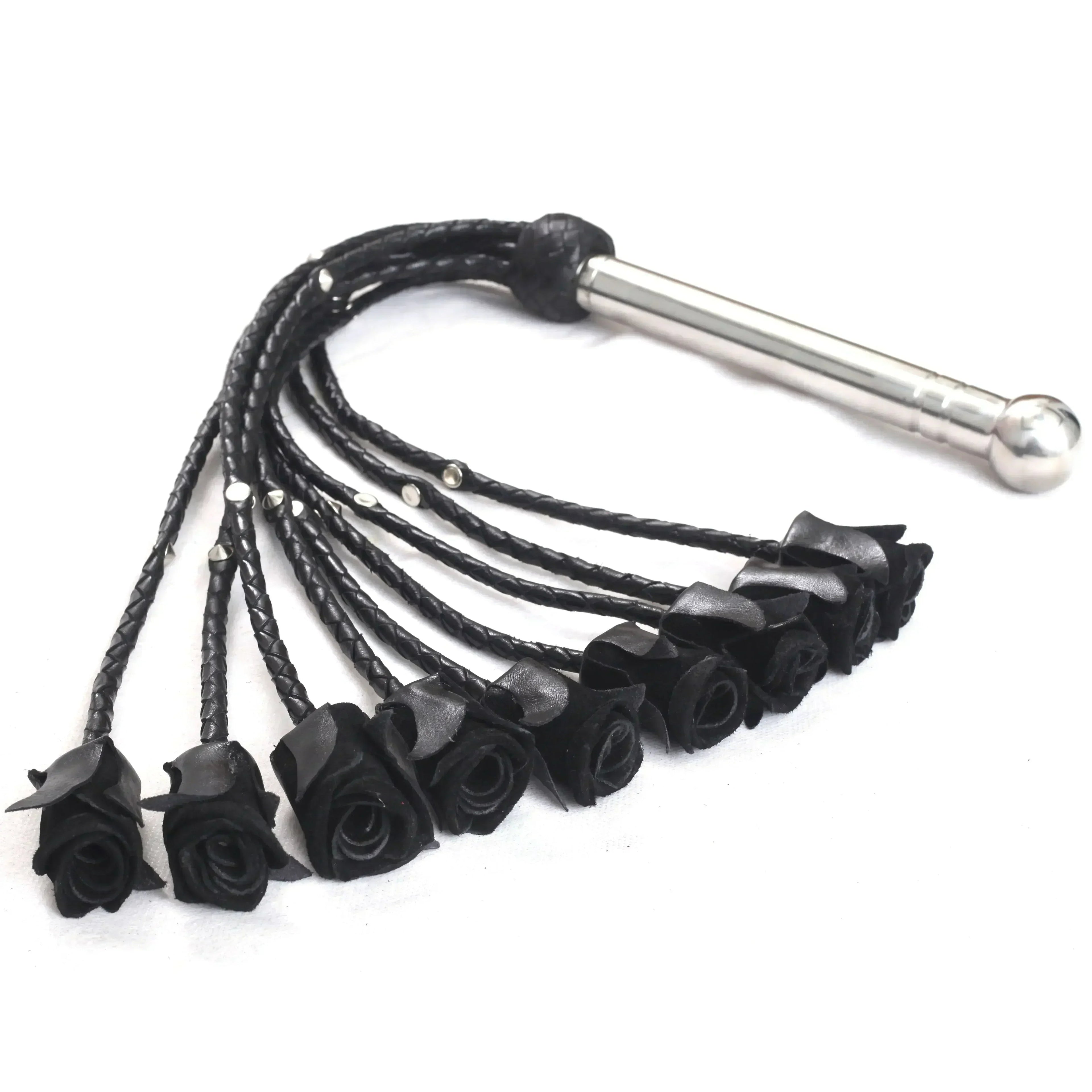 Rose Flogger Real Genuine Cowhide Leather 9 Braided Falls Heavy Black Roses & Steel Studs Cat-o-nine Tails Steel Handle