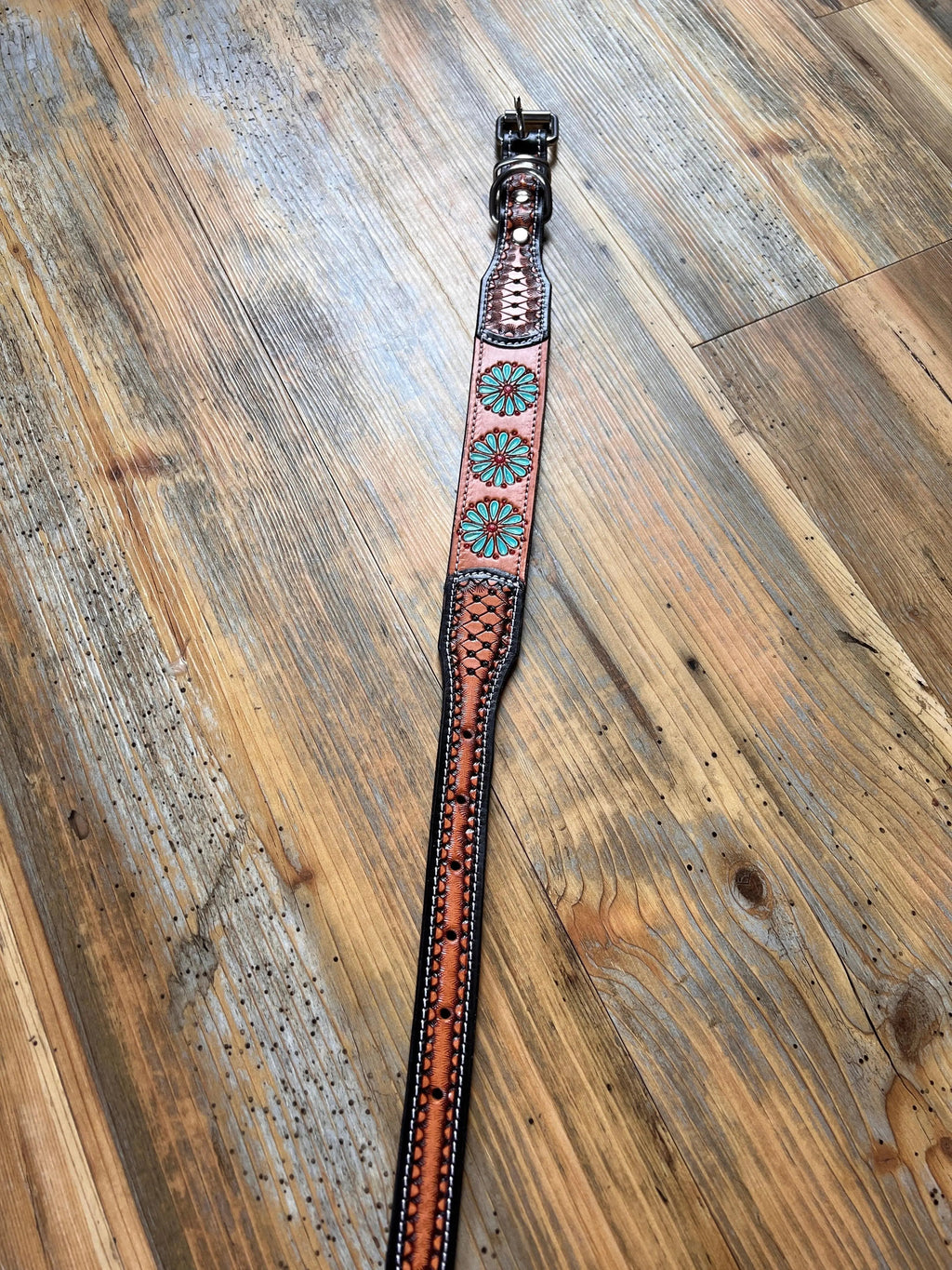 Leather Handpainted Tooled Squash Blossom Dog Collar