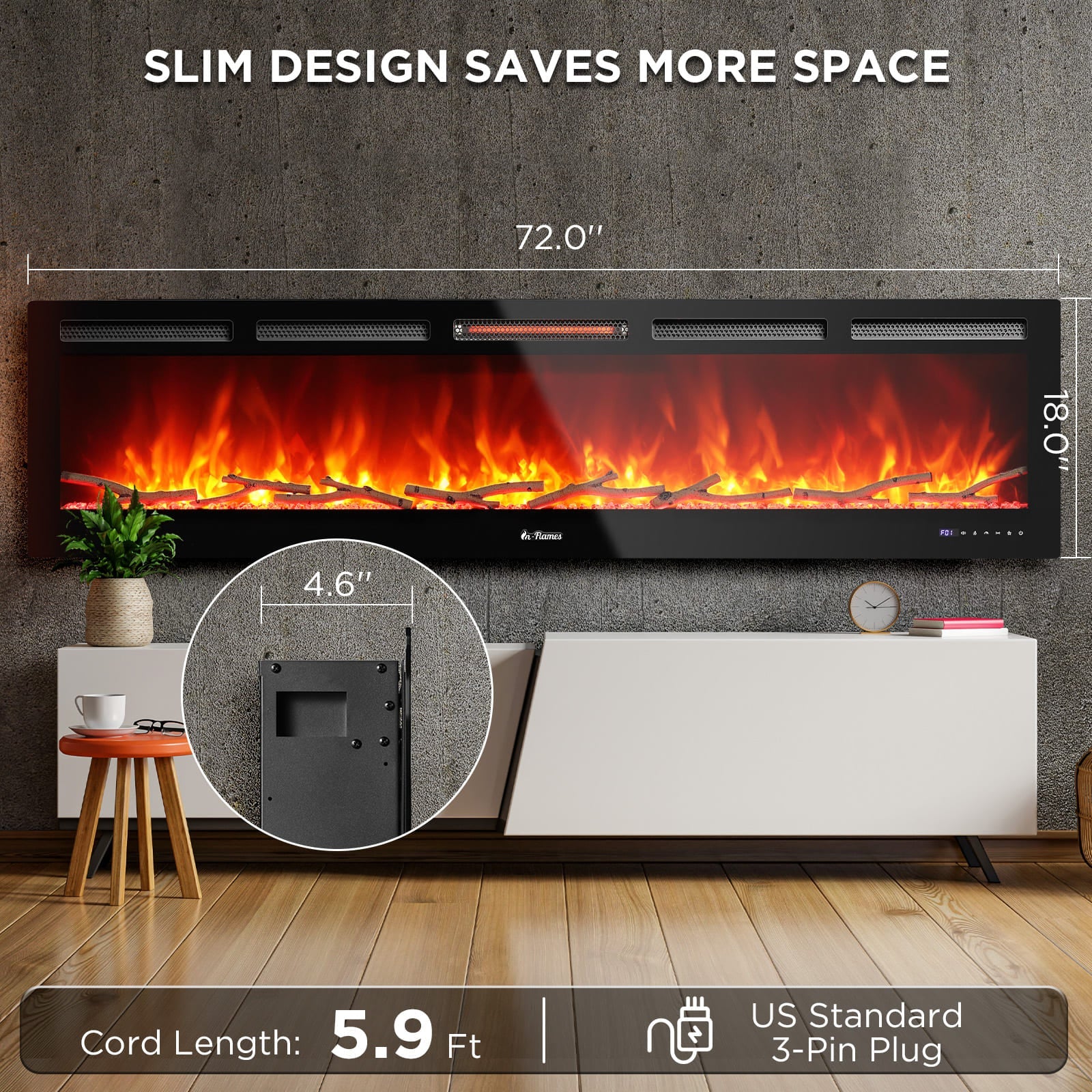 In Flames INF72W-3D WiFi Smart Wall Mounted Electric Fireplace - Tempered Glass