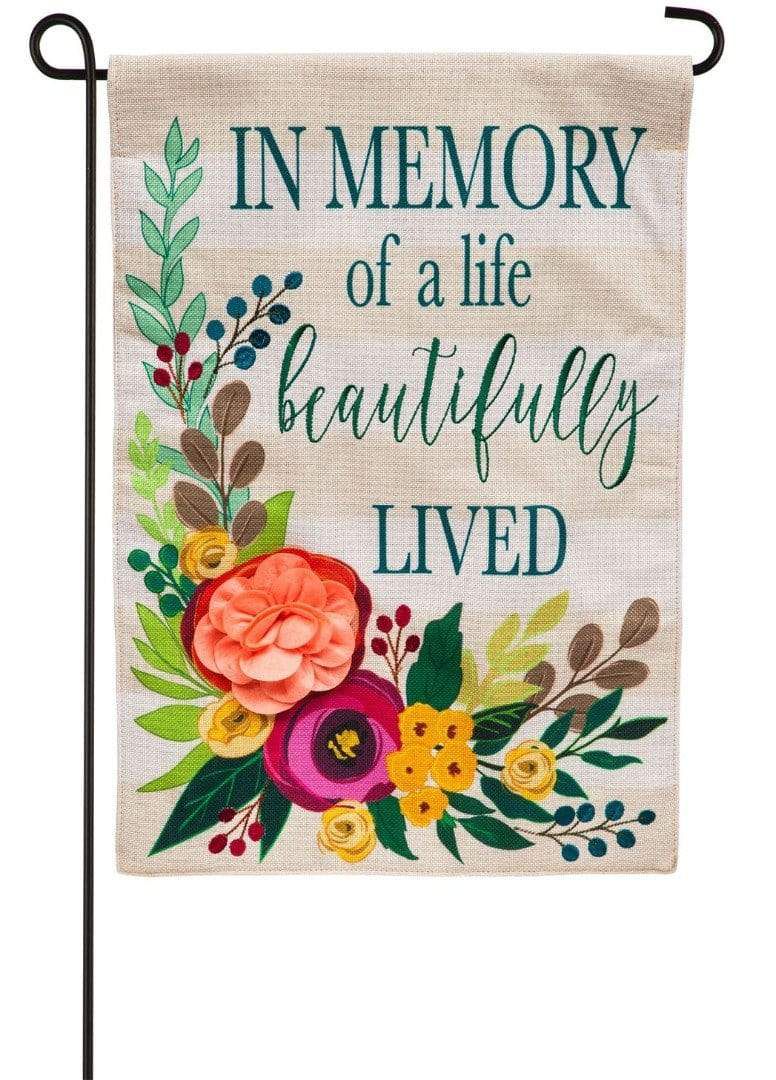 In Memory of a Life Beautifully Lived Garden Flag 2 Sided Burlap