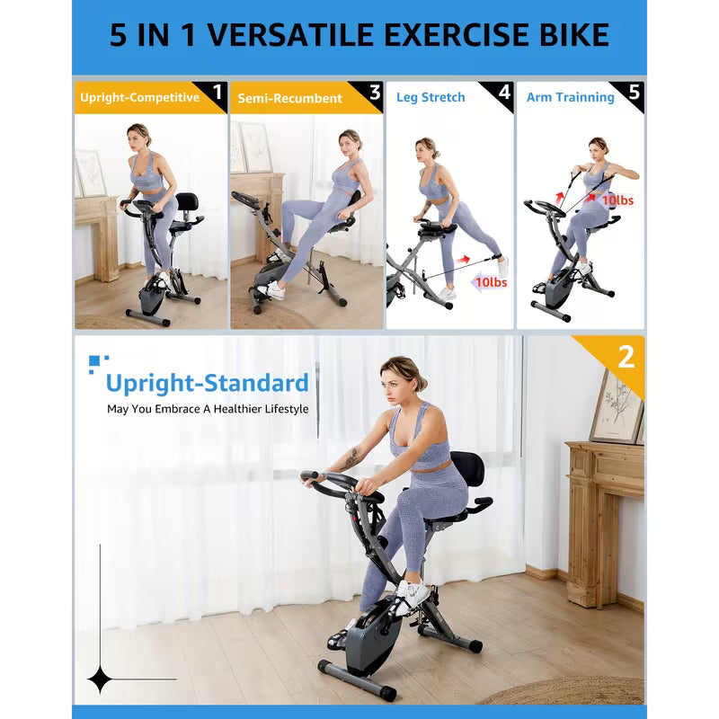 Indoor Exercise Bike For Seniors, 5 IN 1 Foldable Stationary Bike With 16-Level Magnetic Resistance And Tri-Position Ride, 330LBS Capacity, 6.6 LBS Flywheel