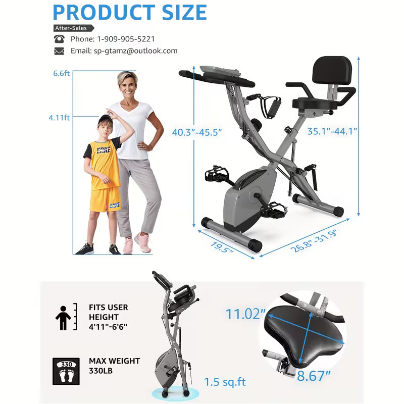 Indoor Exercise Bike For Seniors, 5 IN 1 Foldable Stationary Bike With 16-Level Magnetic Resistance And Tri-Position Ride, 330LBS Capacity, 6.6 LBS Flywheel