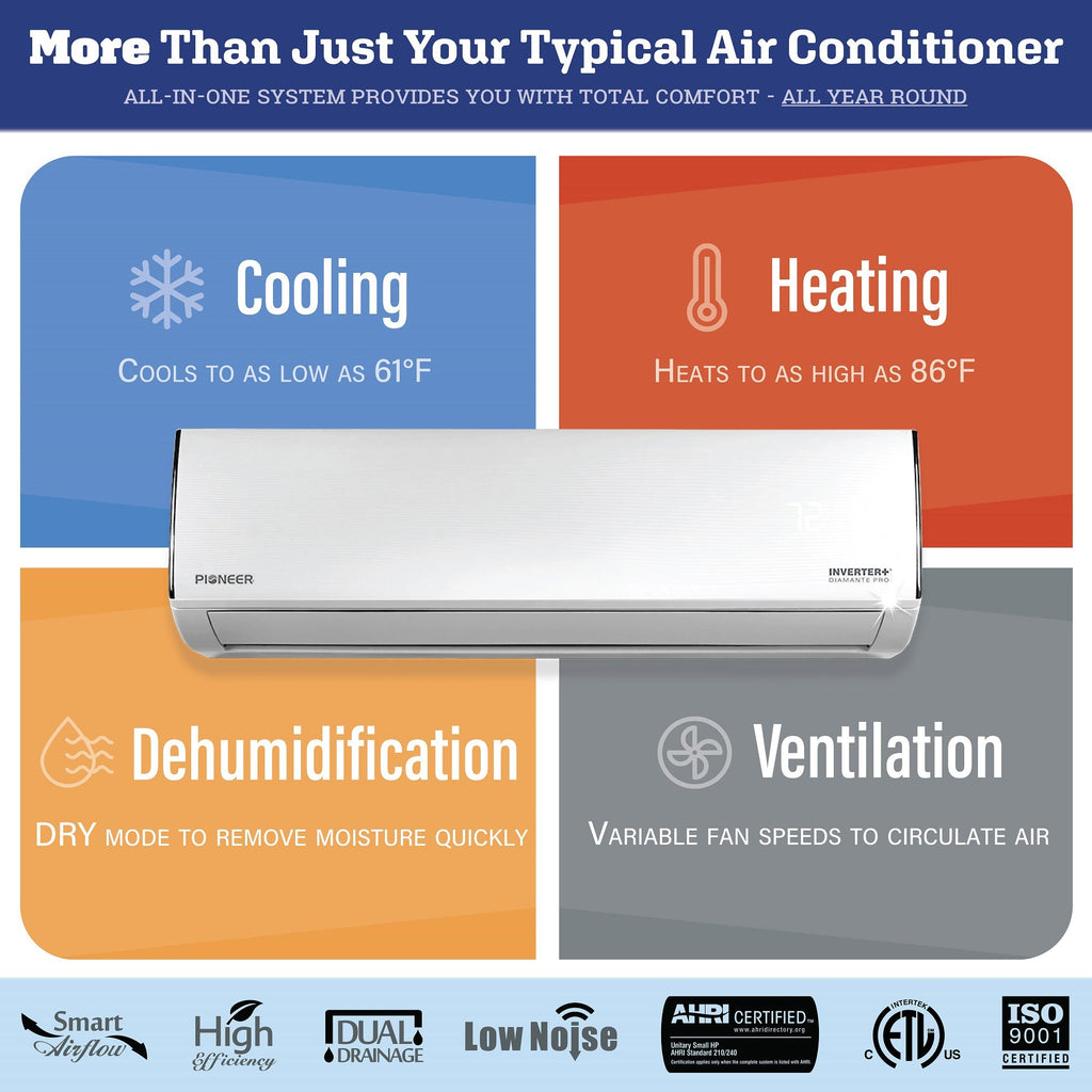 Pioneer® Diamante Pro™ 18,000 BTU 21 SEER2 230V High-Wall Ductless Mini-Split Air Conditioner Inverter Heat Pump with 16 Ft. Kit
