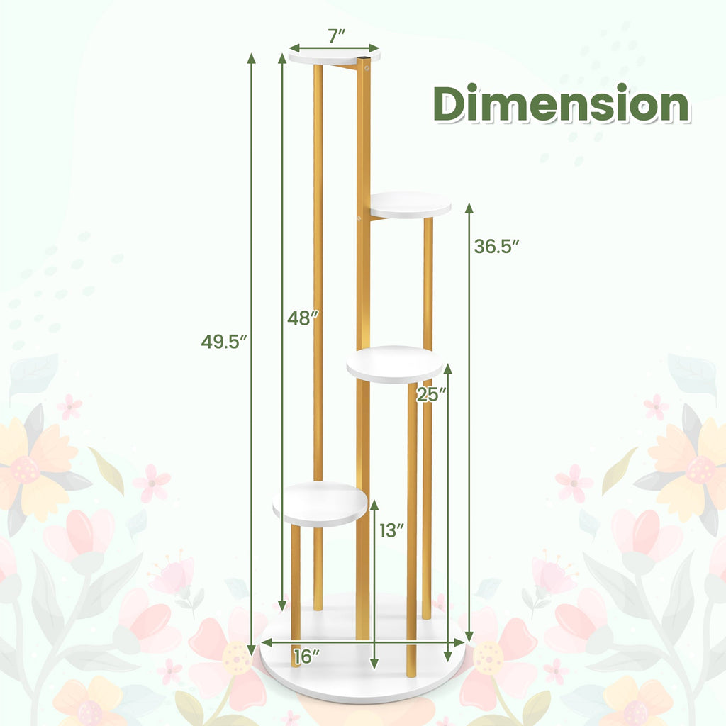 Indoor Metal Plant Stand Corner Plant Shelf for Potted Plant with Golden Metal Frame-White