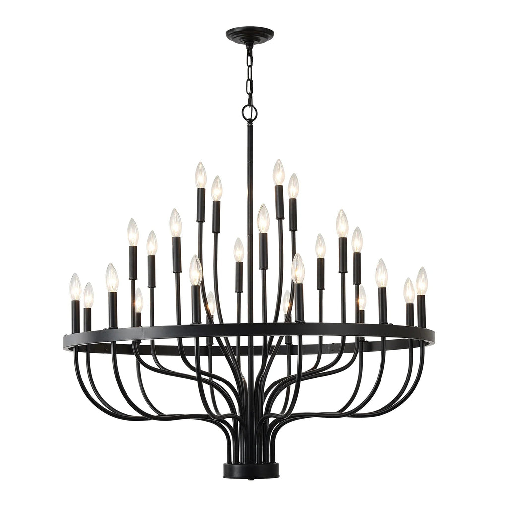 24-Light Industrial Candle Chandelier | Black Farmhouse Pendant Light Fixture for Dining Room, Living Room & Foyer — 39.4" Wide