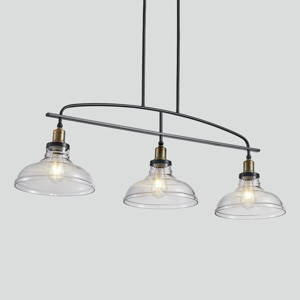 45" Industrial 3-Light Pendant Chandelier | Black Metal & Clear Glass Farmhouse Ceiling Light — Adjustable Height, E26 Compatible