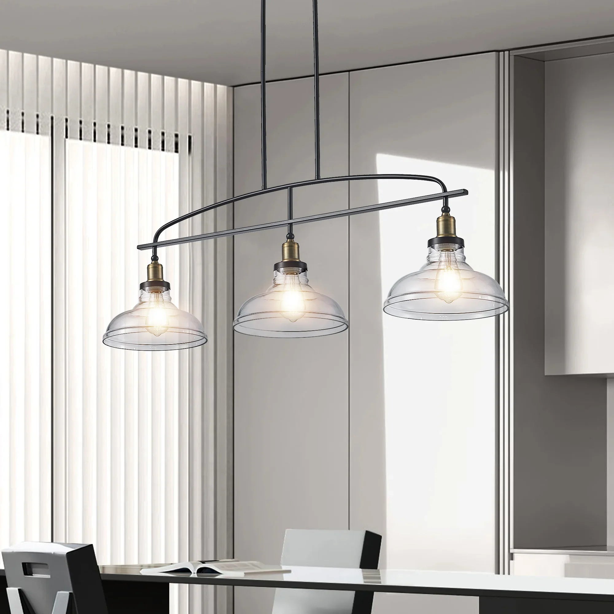 45" Industrial 3-Light Pendant Chandelier | Black Metal & Clear Glass Farmhouse Ceiling Light — Adjustable Height, E26 Compatible