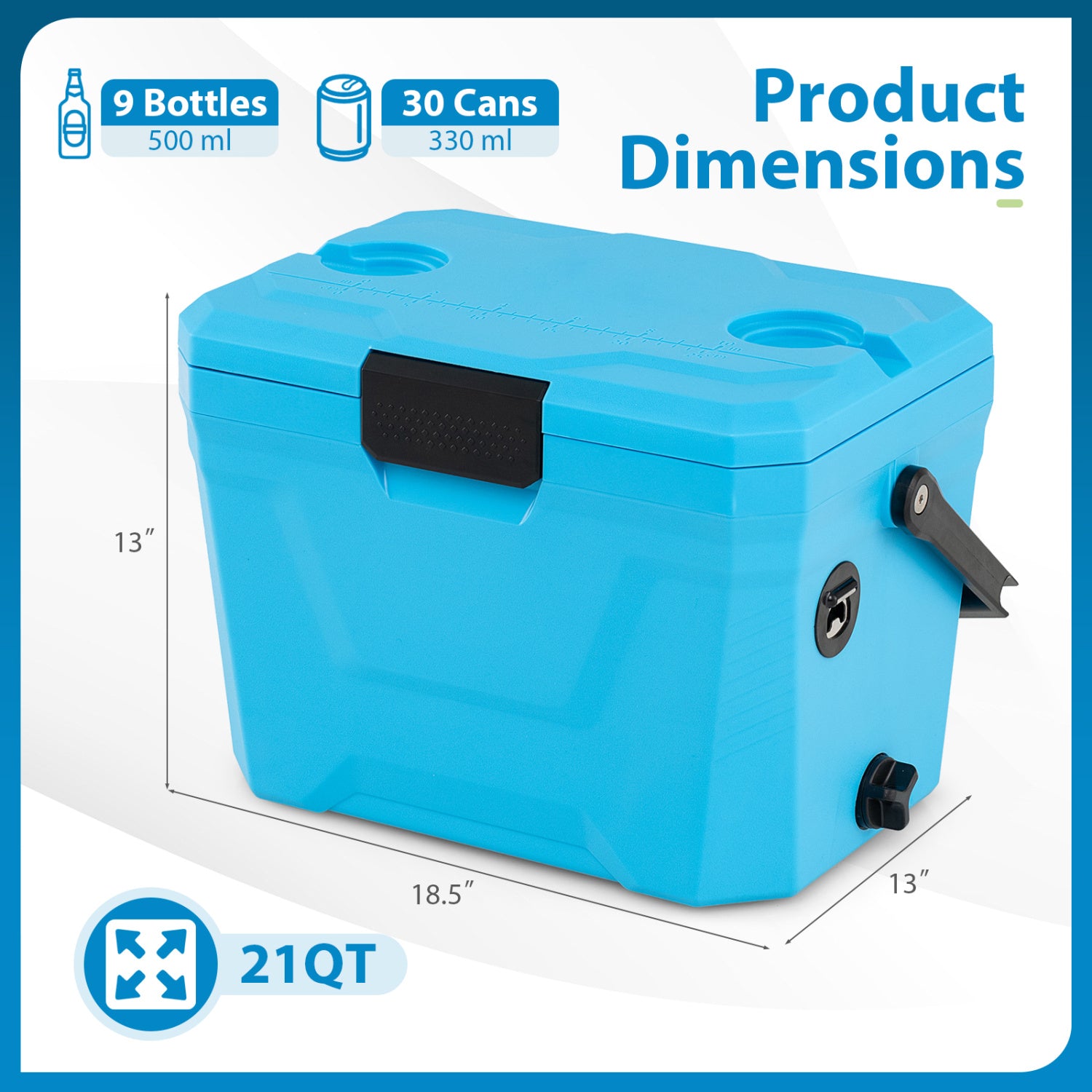 Insulated Portable Cooler Hard Shell Ice Chest with 2 Cup Holders