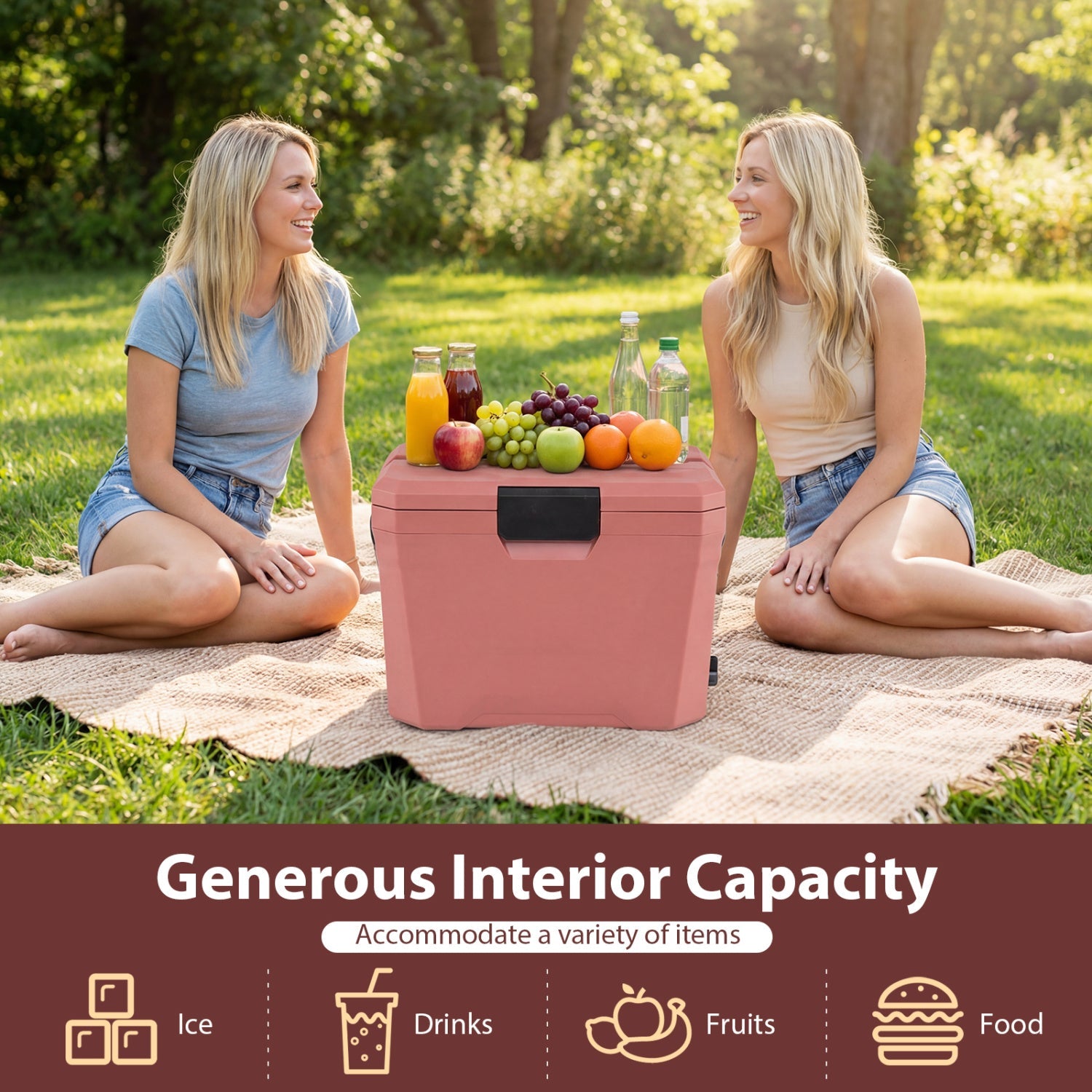 Insulated Portable Cooler Hard Shell Ice Chest with 2 Cup Holders