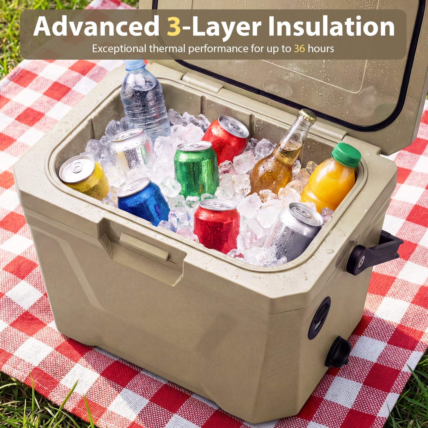 Insulated Portable Cooler Hard Shell Ice Chest with 2 Cup Holders