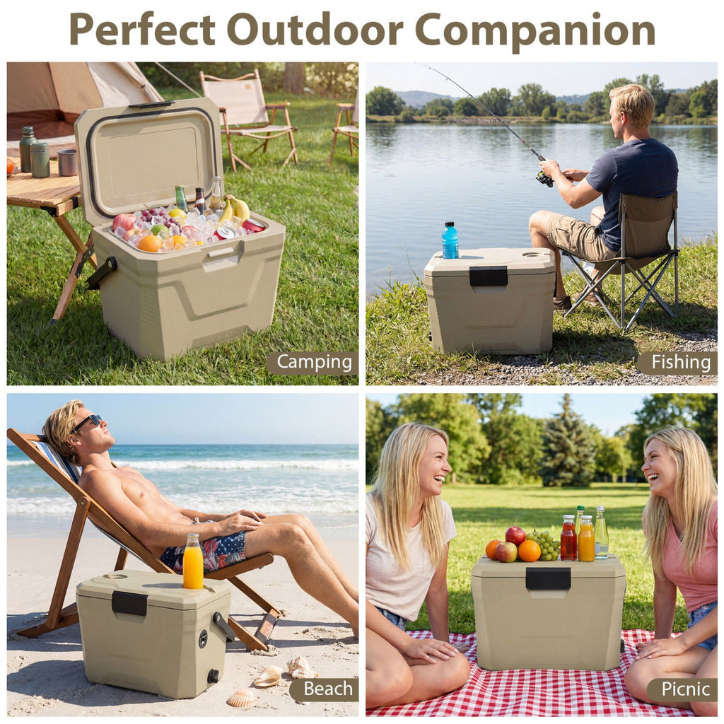 Insulated Portable Cooler Hard Shell Ice Chest with 2 Cup Holders