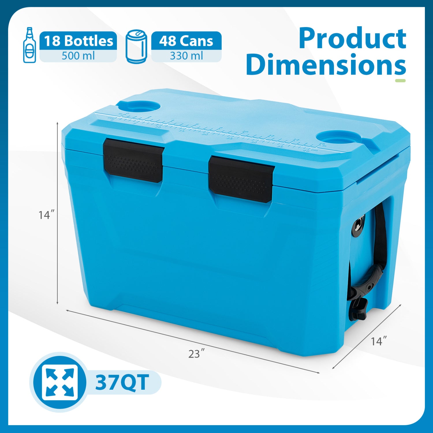 Insulated Portable Cooler Hard Shell Ice Chest with 2 Cup Holders Bottle Opener and Drain Plug