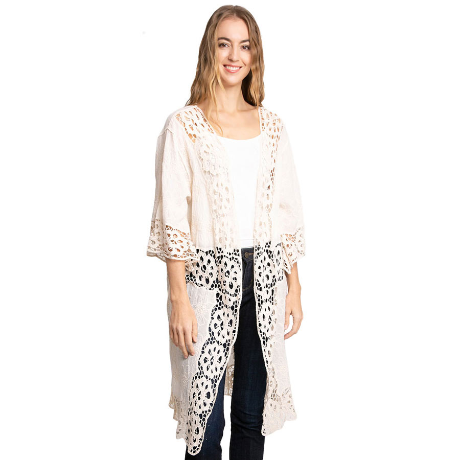 Floral Lace Trimmed Cover Up Kimono Poncho