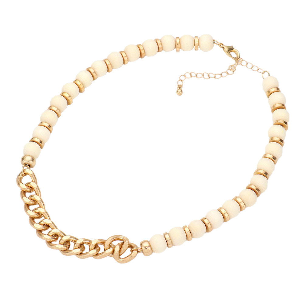 Metal Chain Link Accented Wood Necklace
