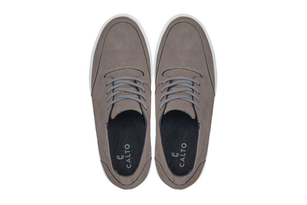 CALTO - J1771 - 3.2 Inches Taller (Grey) - Casual Chunky Sole Boots – Soft Pebble Grain Nubuck Leather
