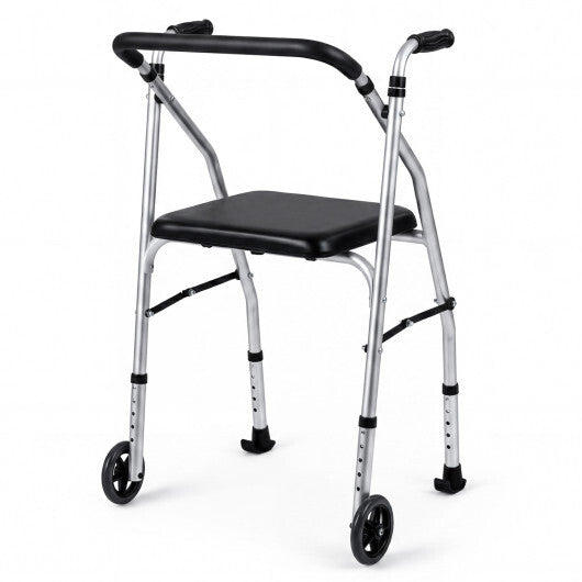 Lightweight Aluminum Mobility Walker for Seniors with 2 Wheels 5-Level Adjustable Height and Padded Seat-Black