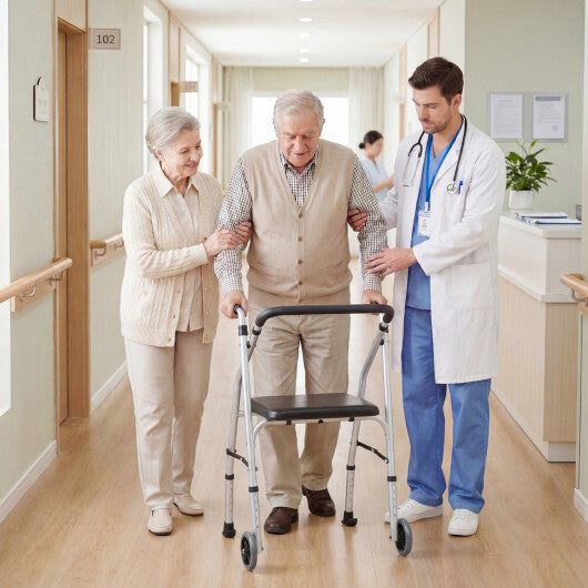 Lightweight Aluminum Mobility Walker for Seniors with 2 Wheels 5-Level Adjustable Height and Padded Seat-Black