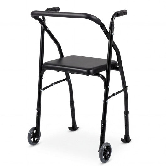 Lightweight Aluminum Mobility Walker for Seniors with 2 Wheels 5-Level Adjustable Height and Padded Seat-Black
